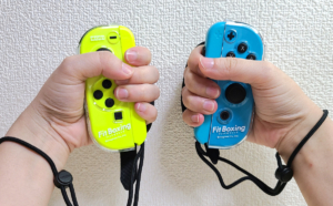 HORIのFit Boxingシリーズ専用Joy-Conアタッチメントを付けたJoy-Conを手に持った写真